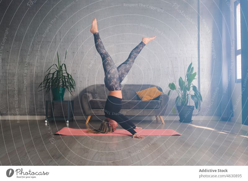 Eine fitte Frau versucht, einen Freihand-Kopfstand auf einer Matte zu machen Yoga Gleichgewicht positionieren vorbereiten auf den Kopf gestellt