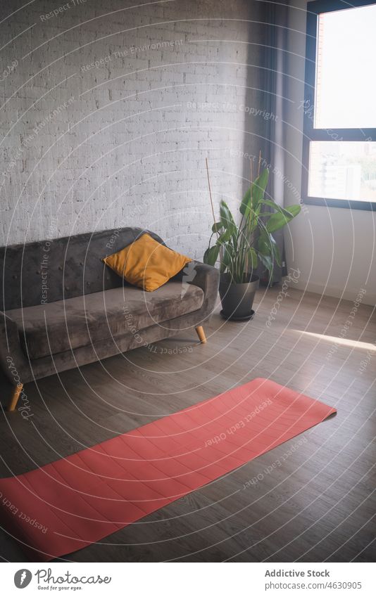 Sportmatte auf dem Boden einer modernen Wohnung Unterlage Fitness Training Yoga Aktivität Gerät üben Appartement Loft wohnbedingt Möbel Wellness Unterkunft