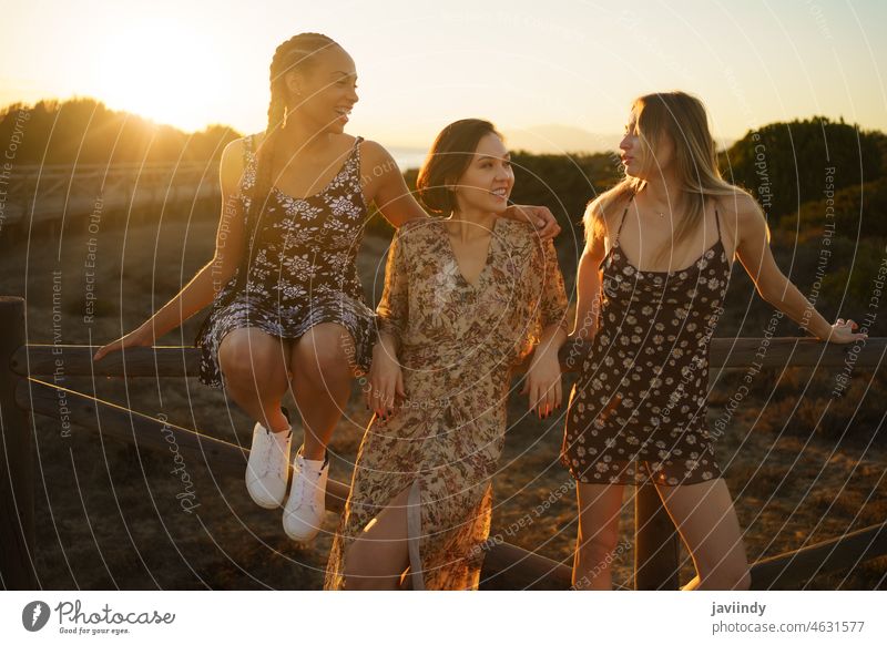 Positiv gestimmte Frauen genießen die Zeit an der Sandküste Freundin reden Lachen positiv Glück Sonnenuntergang Freundschaft Zaun Zusammensein sprechen