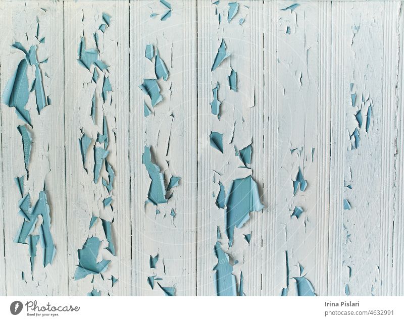 Alte schäbige Holzbretter mit rissiger Farbe, Hintergrund. hellblau abstrakt gealtert antik Antiquität Kunst Holzplatte Nahaufnahme farbenfroh Riss zerknittert