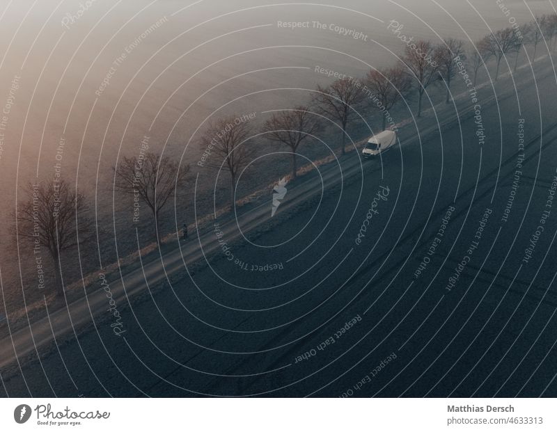 Winterlandschaft aus der Luft UAV-Ansicht Dröhnen Luftaufnahme Landschaft Nebel Morgen Morgendämmerung morgens Morgenstimmung Morgennebel Winterstimmung Natur