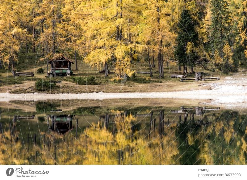 Goldener Herbst am Ahornsee. Fischerhütte, Bänke und Tische, sogar ein Boot spiegeln sich im Bergsee. See Natur Gebirgssee Farbfoto Reflexion & Spiegelung
