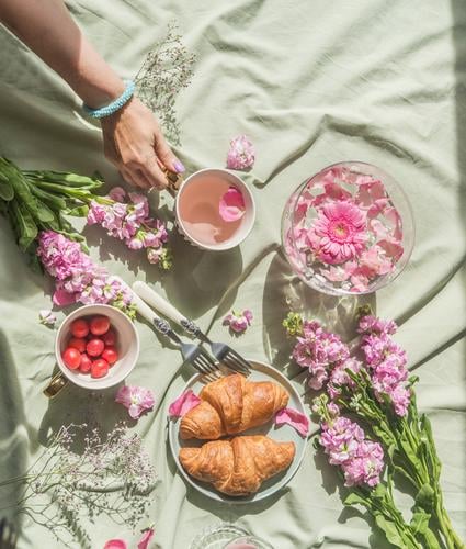 Romantisches Sommerpicknick. Frau Hand hält floral Tee auf leichte Decke mit Croissants, Kirschen und Blumen. . Ansicht von oben. romantisch Picknick Blütentee