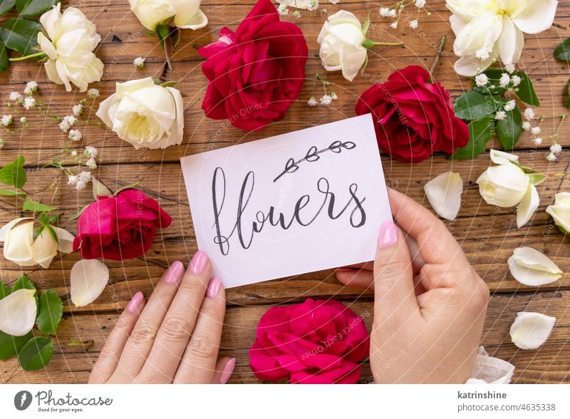 Hände mit Karte FLOWERS in der Nähe von roten und cremefarbenen Blumen Nahaufnahme auf einem Holztisch Postkarte handschriftlich Liebe romantisch Rosen