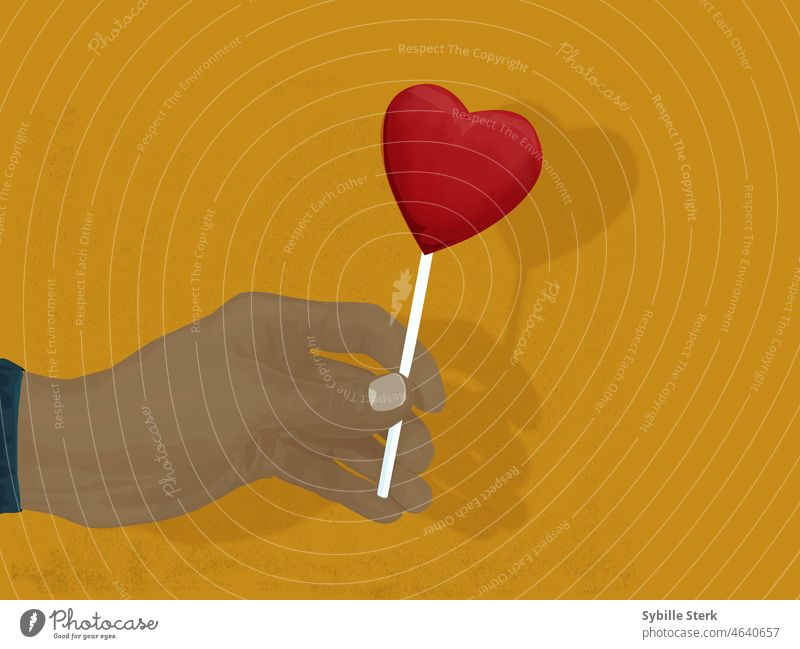 Mann hält Hand aus herzförmigen Lutscher Herz heartshape Liebe Valentinstag Verliebtheit Romantik Liebeserklärung rot Gefühle Liebesbekundung Liebesgruß