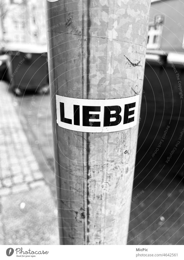 Liebe Aufkleber Schwarzweißfoto Schriftzug Schriftzeichen Buchstaben aufgeklebt Straße Metall Aussage beklebt verboten grau Kunst