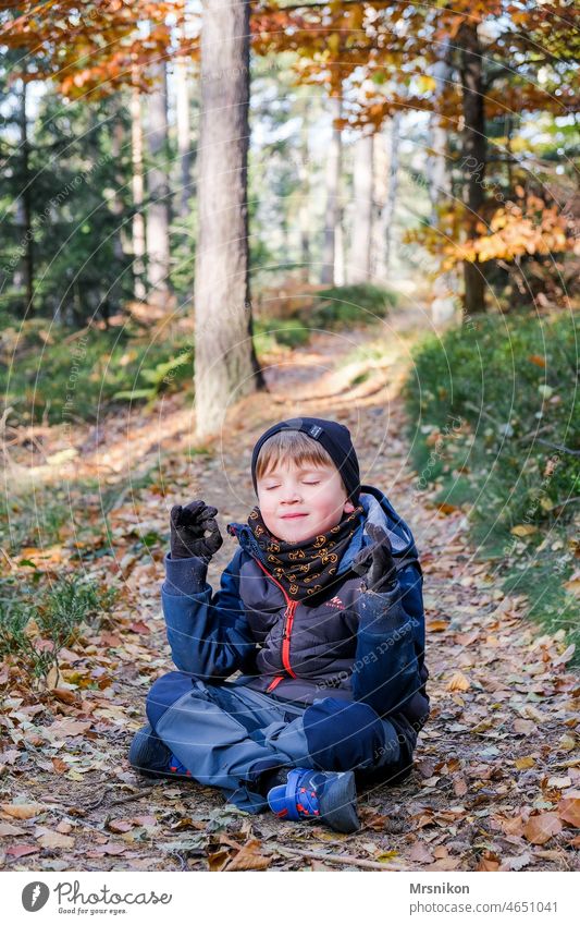 Genieße den Tag Junge Wald Spaziergang Wanderung ausruhen ausruhend stille niedlich lustig sitzen entspannend Lächeln Herbst Herbstlandschaft Herbstwald draußen