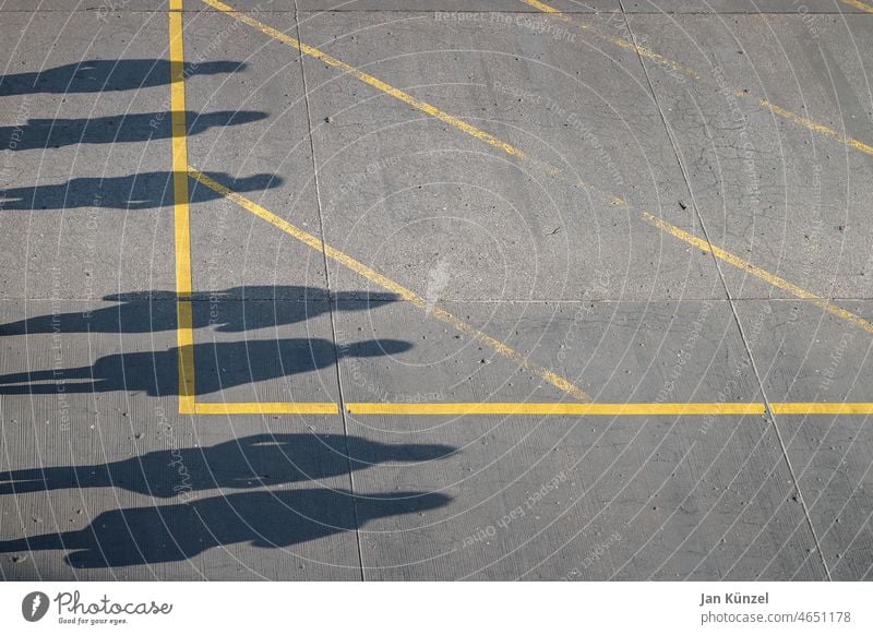 Schatten von mehreren Menschen auf Asphalt-Boden Menschenmenge Sieben Schattenspiel Schattenwurf Schattenriss Sonnenlicht Asphaltstraße grau gelb Streifen
