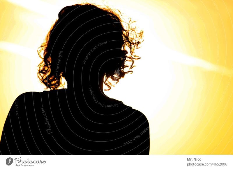 Sonnenfrau Schatten Licht Gegenlicht Wärme Sonnenuntergang Haare & Frisuren Silhouette Profil Frau Sommer Locken Oberkörper leuchten natürlich feminin strahlend