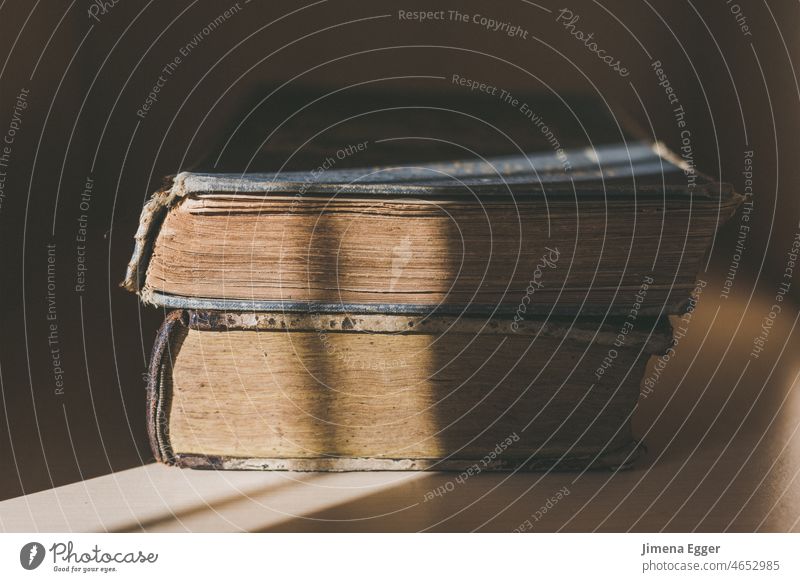 zwei antiquarische Bücher im Sonnenlicht Buch Antiquariat sammeln lesen Literatur Schatten alt gebraucht erhalten geerbt Erbe Geschichte