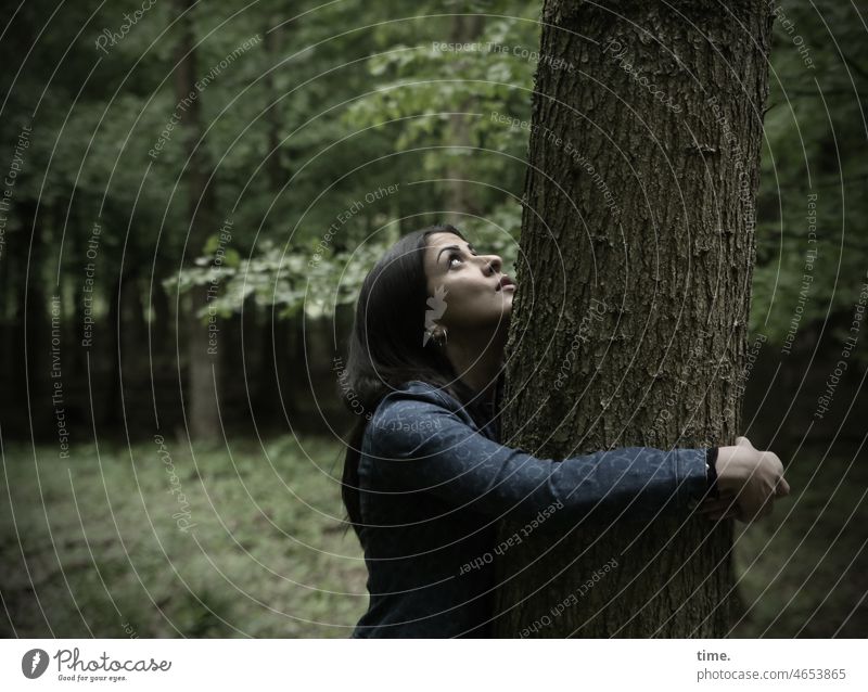 Frau, einen Baum im Wald umarmend portrait profil frau baum hochblicken langhaarig dunkelhaarig wald erwartung hoffnung hoffnungsvoll feminin weiblich halten