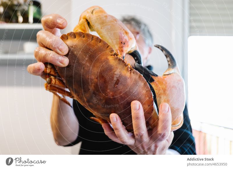 Frau zeigt rohe Krabbe in der Küche Meeresfrüchte ungekocht Lebensmittel Delikatesse Feinkostladen heimwärts Licht frisch Krallen zeigen manifestieren