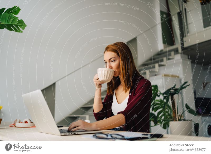 Freiberuflerin mit Laptop und Kaffee Frau Arbeit benutzend freiberuflich abgelegen Internet online Tippen Netbook Browsen professionell Konzentration trinken