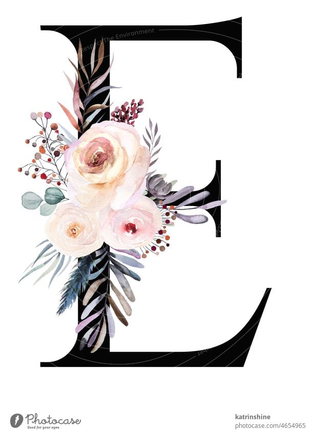 Buchstabe E dekoriert mit Aquarell Winter Bouquet von Pastell Blumen und Blätter gemacht. Blumenalphabet botanisch Charakter Zeichnung Element handgezeichnet