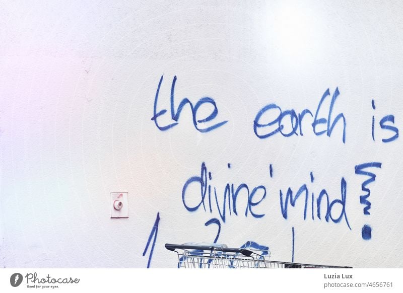 Man weiß es nicht... Graffiti 'the earth is...' und darunter ein vergessener Einkaufswagen Sprüche Spruch Alltagsfragen urban trash Müll hell Sonnenlicht blau