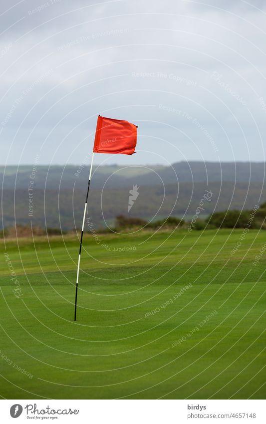 Wehende, rote Fahne im Green auf einem Golfplatz Rote Fahne Markierung green Horizont Landschaft Golfloch Wind wehende Fahne Freizeit & Hobby Golfrasen Spielen