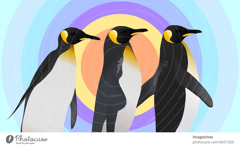 Abstraktes Design von drei Pinguinen. Geometrisch abstrakter Kreis Hintergrund. Familie Vektor Tiere Tierwelt antarktisches Ozean Aptenodytes patagonicus