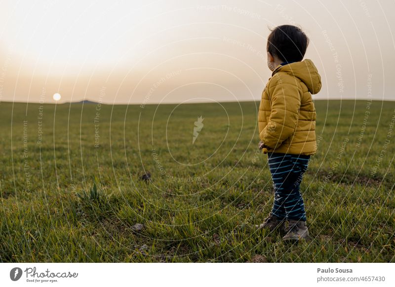 Kind mit gelber Kapuzenjacke schaut in den Sonnenuntergang Junge 1-3 Jahre Tag Kindheit Farbfoto Kleinkind Außenaufnahme Lifestyle Schwache Tiefenschärfe