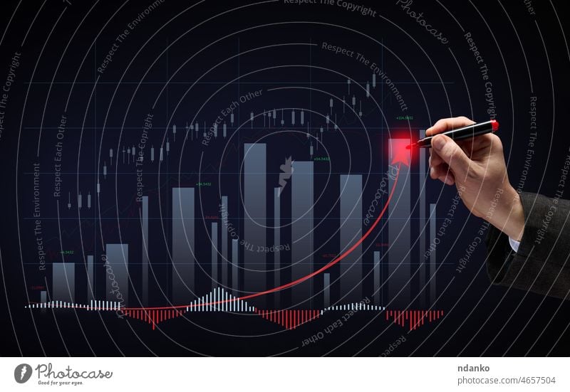 Holografisches Diagramm mit wachsenden Indikatoren und der Hand eines Mannes mit einem Marker. Profitable Geschäftsdynamik, hohe Gewinnspanne. Wachstum der Indikatoren an der Börse