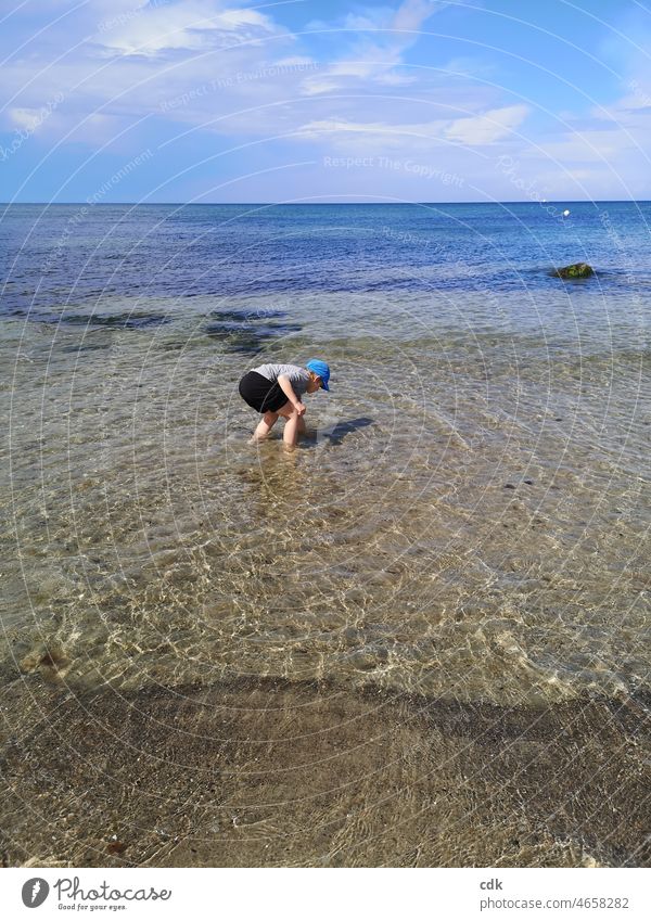 Kindheit | Schatzsuche am Meer. Junge Strand Ostsee Ostseestrand Wasser klar durchsichtig sanft ruhig Stille beschaulich suchen finden Muscheln Steine Sonne