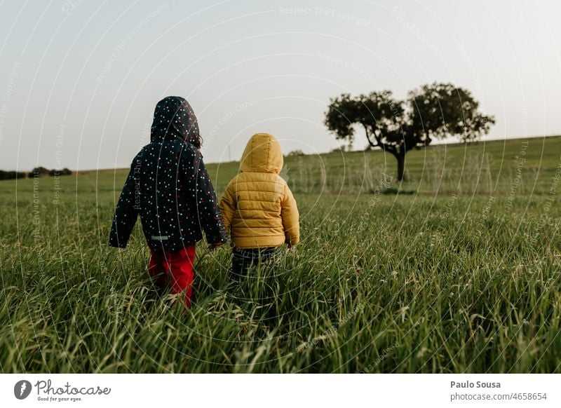 Bruder und Schwester gehen auf Gras Kind Kindheit Zwei Personen Geschwister Zusammensein Zusammengehörigkeitsgefühl Natur erkunden Farbfoto Kaukasier