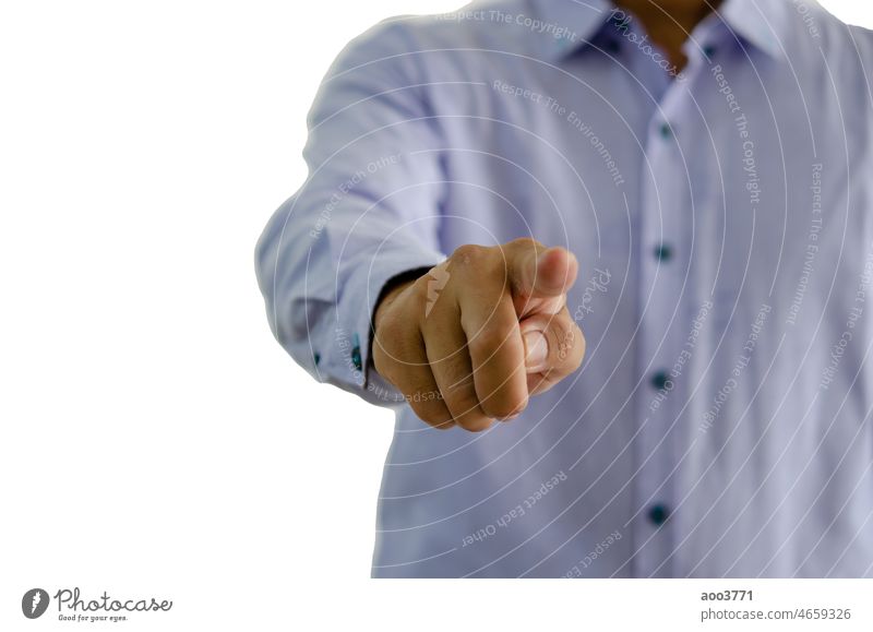 Geschäftsmann Hand zeigt Finger auf weißem Hintergrund.Clipping-Pfad Person vereinzelt Arme Business Mann gestikulieren menschlich Punkt Index zeigend Zeigen