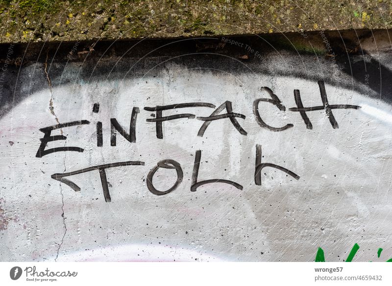 Einfach Toll Grafitto auf grauen Beton Graffiti Wand Mauer Betonwand Schriftzeichen Farbfoto Außenaufnahme Menschenleer Detailaufnahme Tag schwarz auf grau