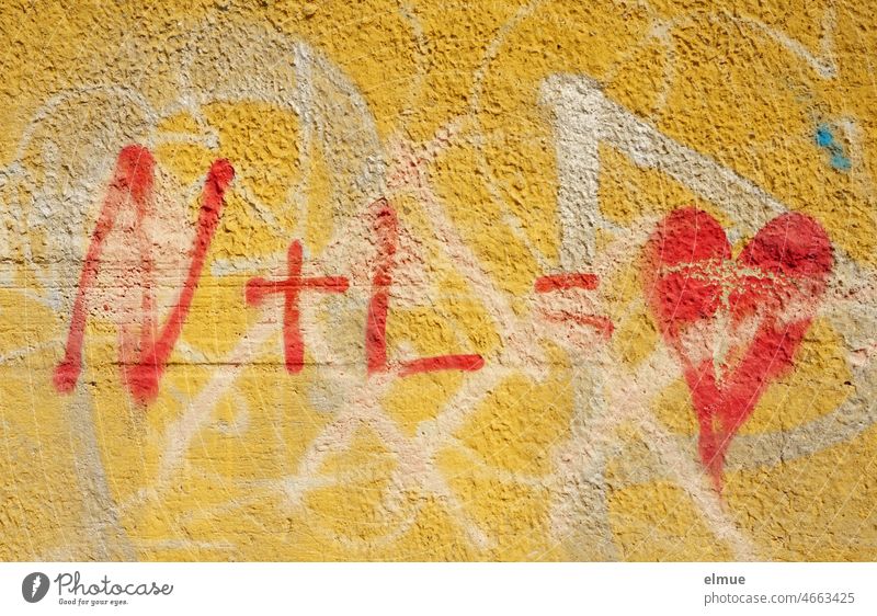N + L = Herz steht in rot an der besprayten Wand / Liebeserklärung / Graffiti Gefühle Verliebtheit Valentinstag Mathematik Liebesgruß Liebesbekundung