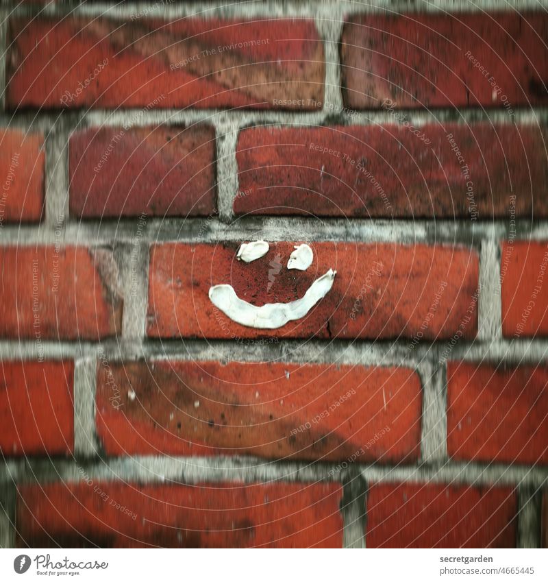 Kunst am Bau (I) Wand Fassade Gesicht Smiley Lächeln Kaugummi Mauer Außenaufnahme Fröhlichkeit Humor Ziegel rot weiß Muster Strukturen & Formen Menschenleer