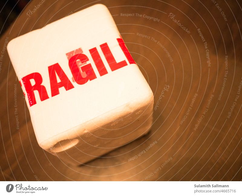 Styroporpaket mit roter Aufschrift "FRAGILE" fragile päckchen signs symbol typo weiß-rot zerbrechlich zweifarbig Buchstaben Wort begriff aufpassen empfindlich