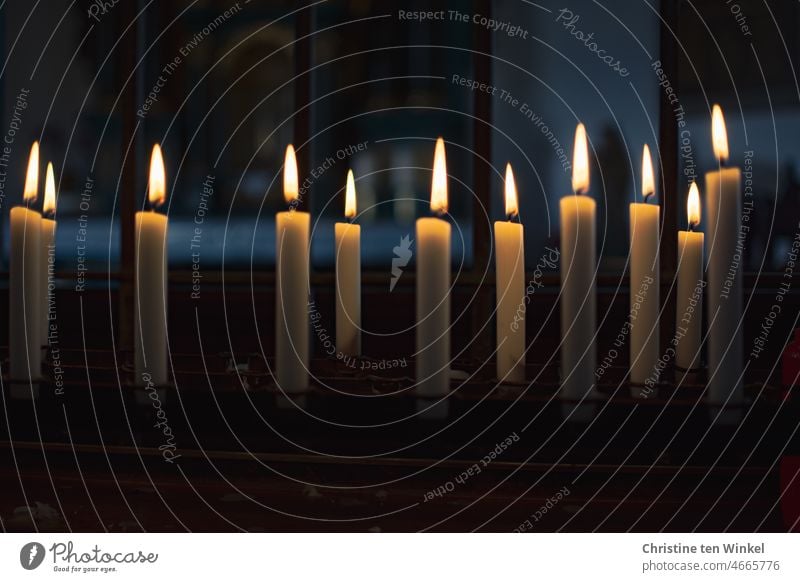 Brennende Kerzen in einer Kirche oder Kapelle Trost Gebet Trauer brennen Kerzenlicht Meditation Gedenken Innenaufnahme Bitte Flamme bitten Zuversicht trauern