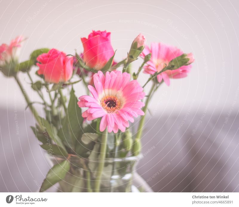 Rosen, Gerbera und Nelken zum Valentinstag Blumenstrauß Vase pink rosa Geschenk Blüte schön Geburtstag Muttertag einfach so Liebe Schnittblumen mädchenfarben