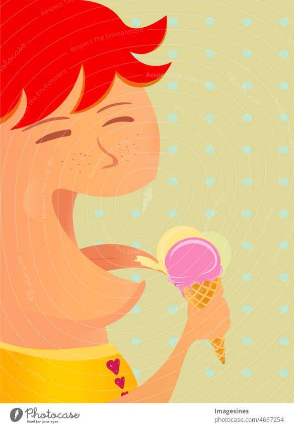 Lächelndes Mädchen roten Haaren in einem gelben Kleid, das Eiscreme aus einer Eistüte leckt. Grünem Punkthintergrund. Eis mit langer Zunge lecken. Cartoon-Vektor-Illustration