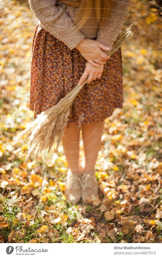 Frau in Herbst-Outfit hält einen Strauß von trockenen Weizen Lifestyle Schuss im Herbst Park stehen auf gelben Herbstblättern. Herbstliche Mode und Stil. Selektiver Weichzeichner und Tiefenschärfe.