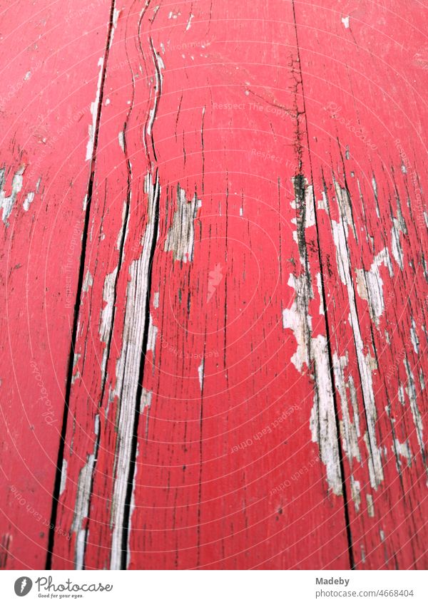 Splitternde rote Farbe eines alten Holztisch im Sommer am Hafen 2 in Offenbach am Main in Hessen Tisch Gartentisch Bistrotisch Bierfarten Gastronomie Rot