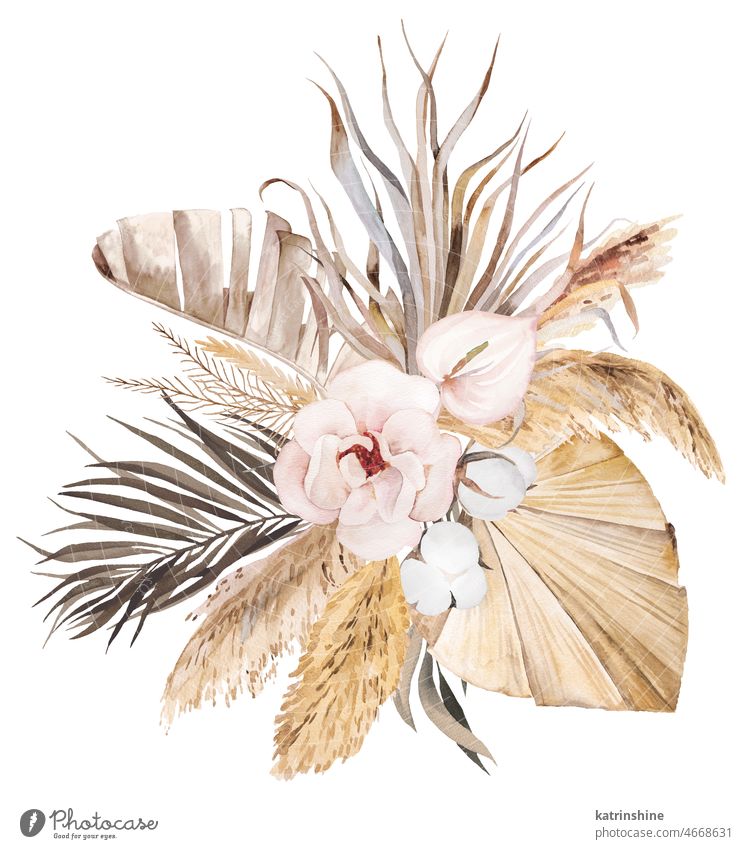 Aquarell böhmischen Blumenstrauß mit getrockneten Blättern und tropischen Blumen Illustration botanisch Dekoration & Verzierung exotisch Laubwerk handgezeichnet