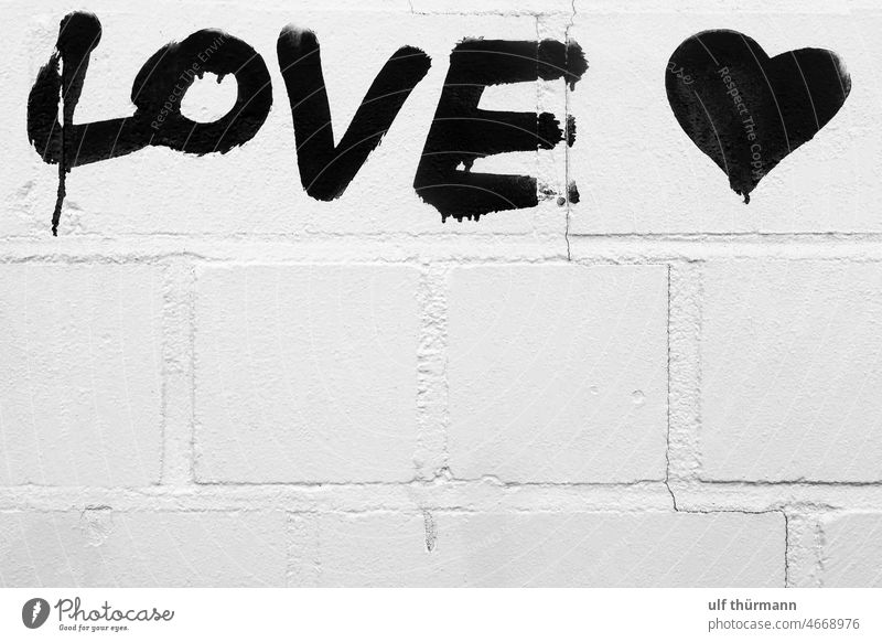 Das Wort "Liebe" in schwarzen Buchstaben auf einer weißen Backsteinmauer gemalt Briefe Herz Farbe schwarz auf weiß Symbol Gefühle Schriftzeichen Graffiti