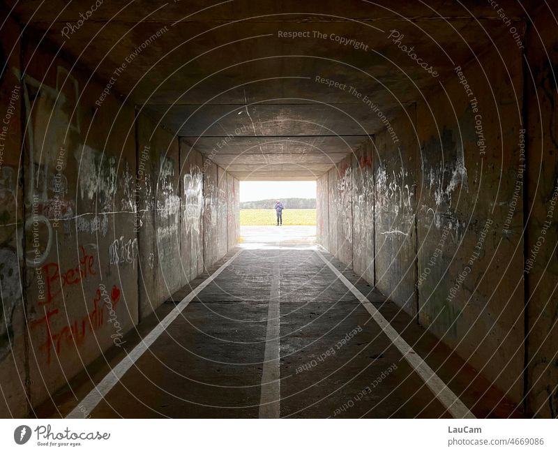 Tunnelblick Zentralperspektive Linie Licht Licht am Ende des Tunnels Kontrast hell dunkel Mensch Weg Wege & Pfade Wiese Beton Gang lang Graffiti