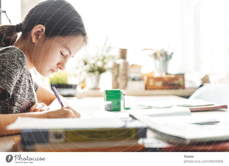 Teenager-Mädchen macht Hausaufgaben für die Schule. Porträt eines hübschen konzentrierten Mädchens. Umgebung an einem sonnigen Tag. Seitenansicht. Hausunterricht. Soziale Distanzierung. Raum kopieren. Lebensstil. Weichzeichner