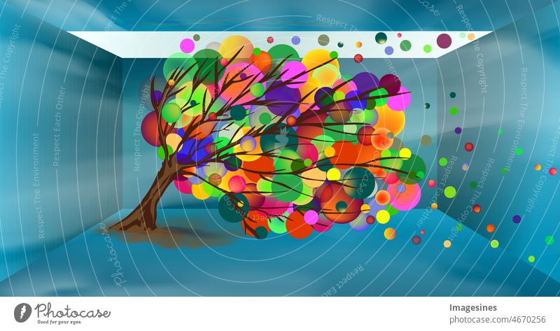 Futuristischer Raum mit buntem Baum mit abstrakten Kreisblättern oder Luftballons. Offene Wanddecke mit Lichthimmel. Ausreichend Freiraum für Wachstum, Konzept, Freiheit zur Entfaltung der Fähigkeiten oder Kreativität.