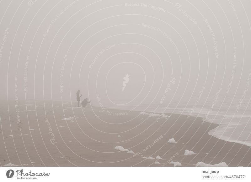 Zwei Personen machen Handyfotos an einem nebligen Strand. Zwei Perspektiven. Meer Küste Nebel Monochrom romantisch Poesie Natur Landschaft Außenaufnahme