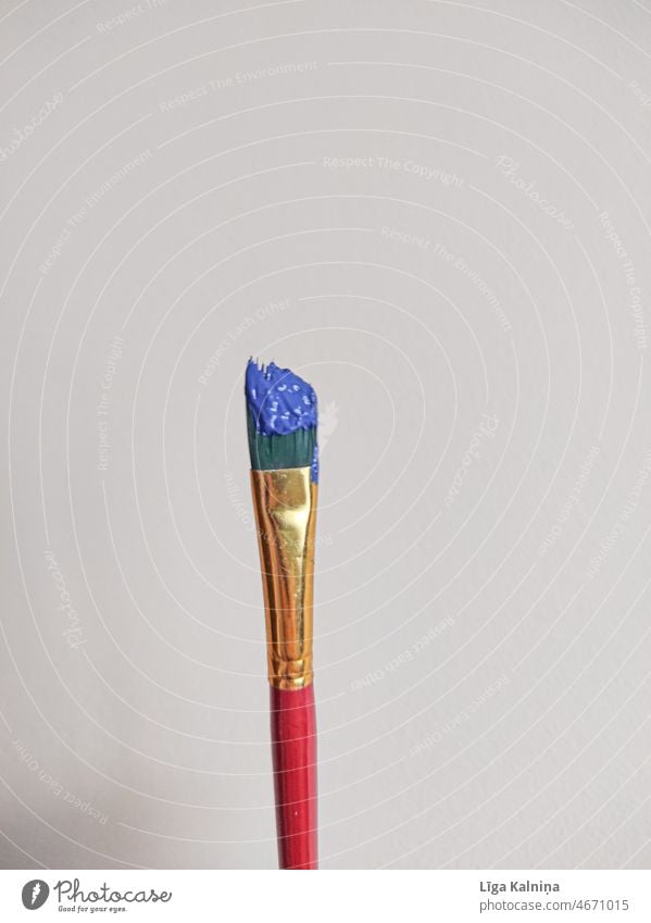 Pinsel mit blauer Farbe darauf Pinselblume Handwerk streichen Aquarellkasten Freizeit & Hobby weiß Künstler Renovieren mehrfarbig malen Anstreicher Kunst