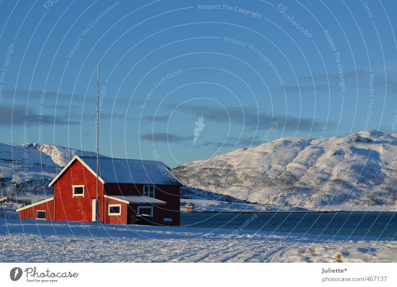 Winter in Norway Natur Landschaft Erde Luft Wasser Himmel nur Himmel Wetter Schönes Wetter Eis Frost Schnee Hügel Schneebedeckte Gipfel See blau rot weiß