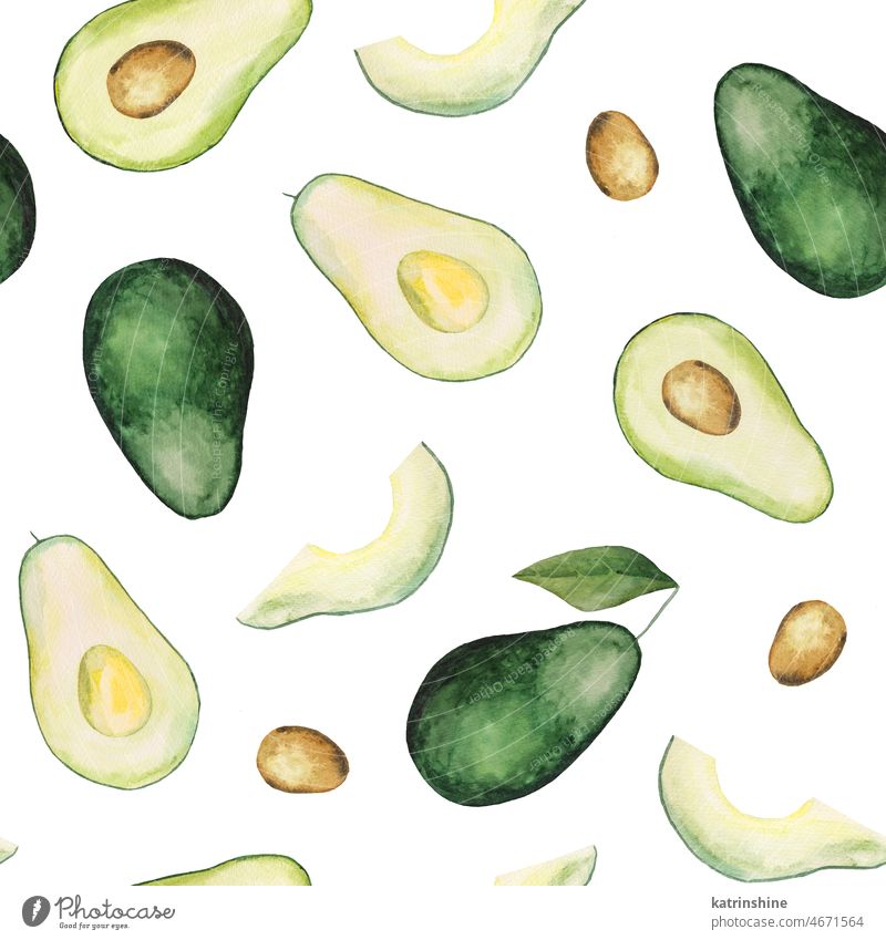 Aquarell grüne saftige Avocado nahtlose Muster. Ganze und eine halbe Avocado, tropische Früchte Illustration botanisch geschnitten Dekoration & Verzierung