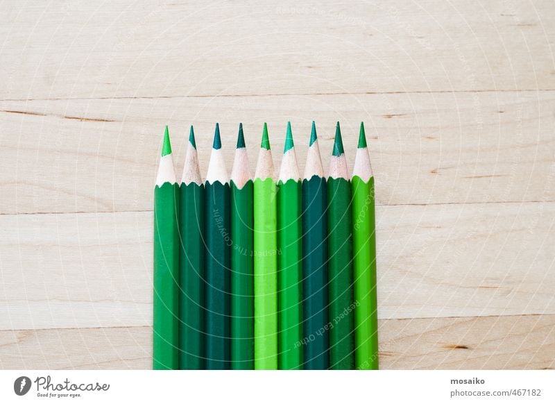 green pens on wooden background - natural greenery Schule Studium Arbeit & Erwerbstätigkeit Werkzeug Kunst Schreibstift Holz zeichnen hell grün Farbe Idee