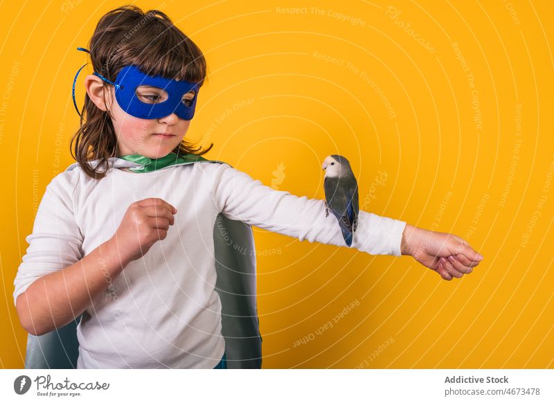 Kind in Superheldenkleidung mit Papagei Mädchen Vogel Tracht Atelier Mut Porträt Haustier Kraft Ehrgeiz Mundschutz Held Individualität manifestieren Besitzer