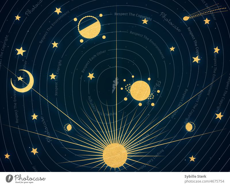 Sonne und Sterne und alles gold Astronomie Astrologie Planeten Komet Nachthimmel Weltall Raum altehrwürdig