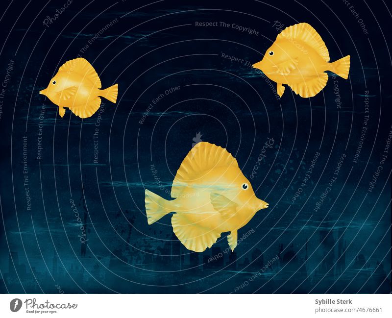 3 gelbe Fische schwimmen vor den Ruinen einer Stadt Großstadt surreal drei Ruinenstadt apokalyptisch MEER Wasser Wellen aquatisch Sealife niedlich