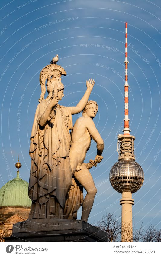 Statuen der Schloßbrücke und Fernsehturm im Hintergrund Ausflug Tourismus Textfreiraum Mitte touristisch Stadtleben Kontrast Textfreiraum unten