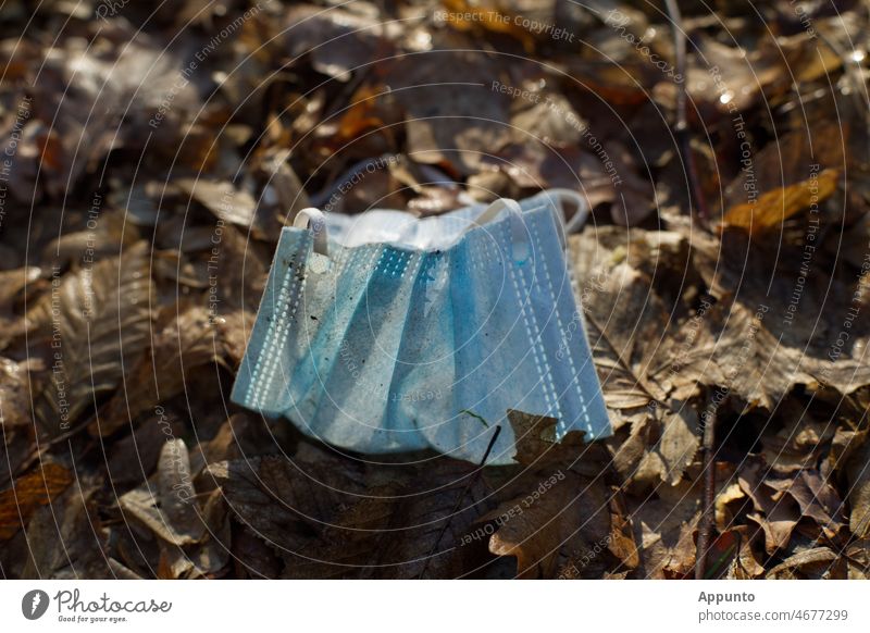 Hellblaue Atemschutzmaske im Wald am Boden liegend Corona Covid achtlos weggeworfen Umweltverschmutzung hellblau braun Herbstlaub Licht Maske Naturschutz